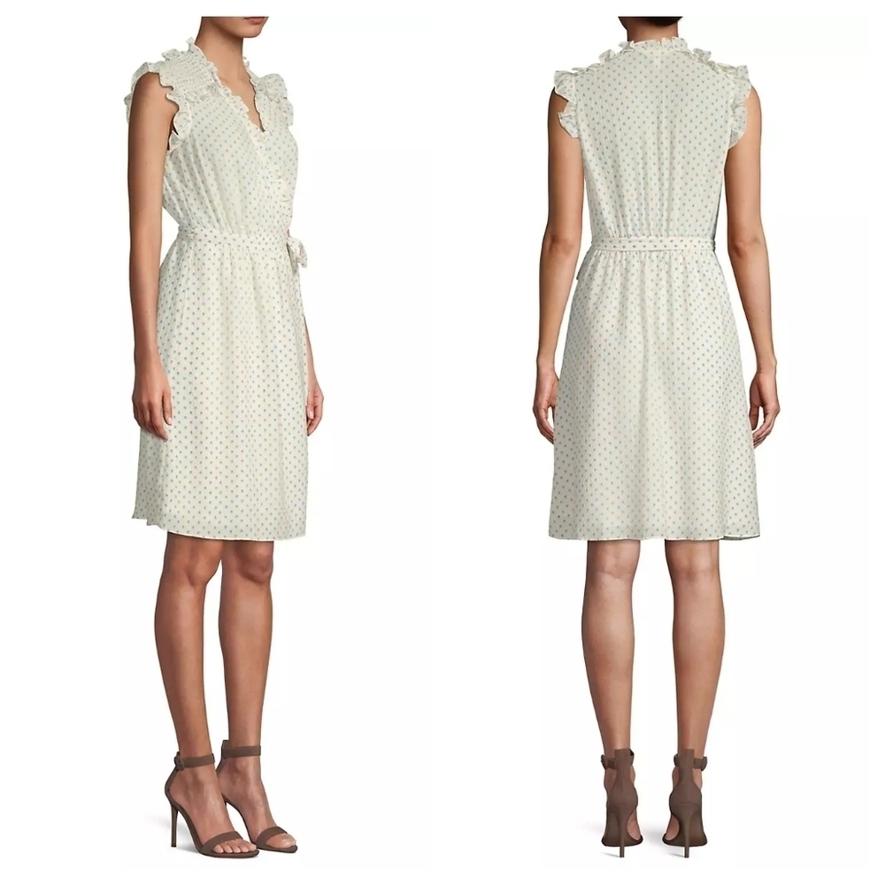 Rebecca Taylor Ikat Sleeveless Polkadot Wrap Dress Sz 2 White/Blue Ruffle